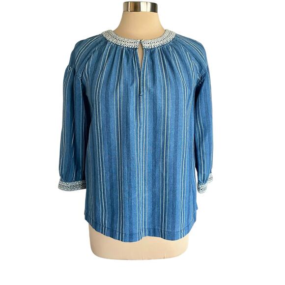 Massimo Dutti Blue Striped Keyhole Neck Embroidered Trim Top SMALL Spring Casual - Picture 1 of 6